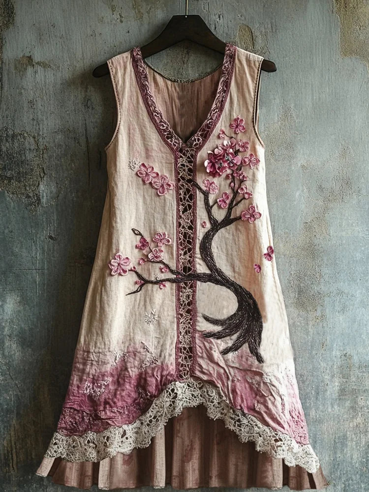 Women's Cherry Blossom Embroidery Lace Patchwork Art Linen Tank Dress