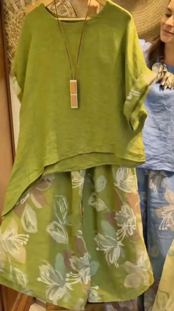 Round Neck Printed Loose Cotton And Linen Suit