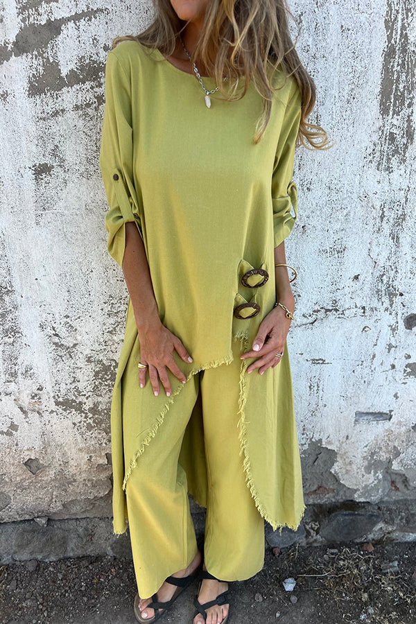 Linen Blend Ring Detail Midi Blouse and Elastic Waist Pocketed Loose Pants Set