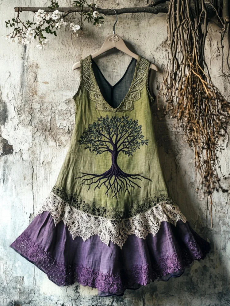 Viking Tribal Celtic Knot Life Of Tree Lace Patchwork Art Linen Tank Dress