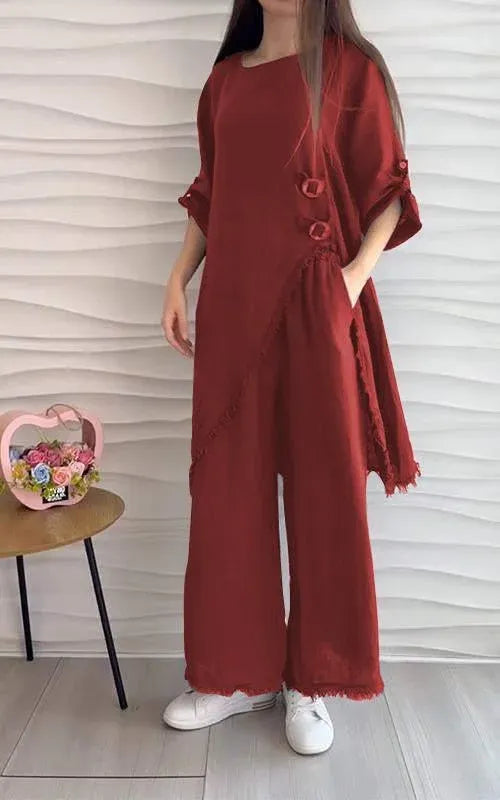 Stunning Cotton and Linen Round Neck Two-piece Suit