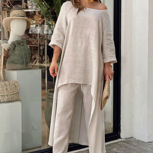 Solid Color Linen Fashionable Casual Suit