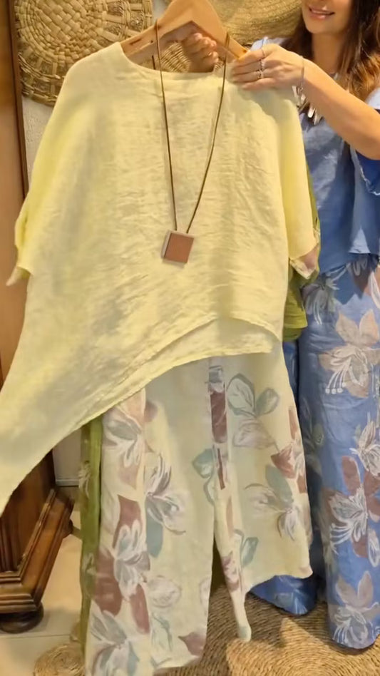 Round Neck Printed Loose Cotton And Linen Suit
