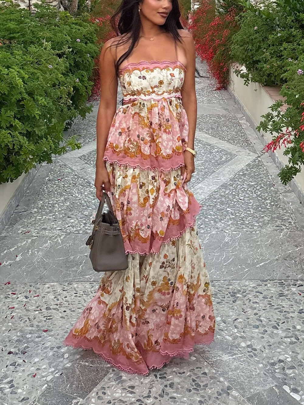 Delicate Floral Print Off-Shoulder Tiered Cami Maxi Dress