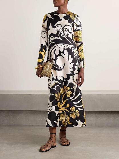 Unique Satin Swing Print Twill Midi Dress