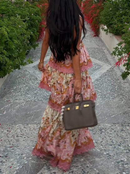 Delicate Floral Print Off-Shoulder Tiered Cami Maxi Dress