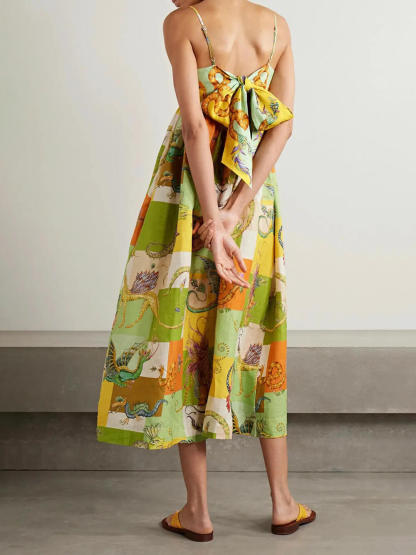 Unique Animal Print Tie Back Pleated Midi Dress