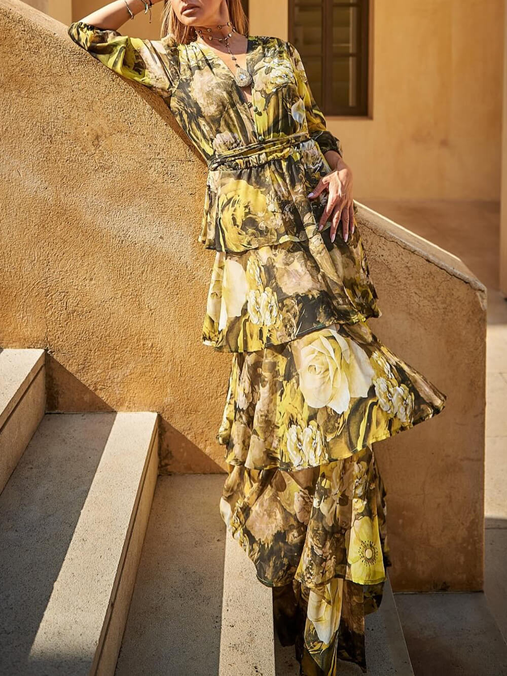 Elegant Floral Print Tiered Waist-Cinched Maxi Dress