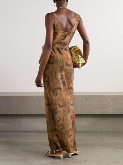 Unique Leopard Print Satin Maxi Wrap Dress