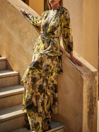 Elegant Floral Print Tiered Waist-Cinched Maxi Dress