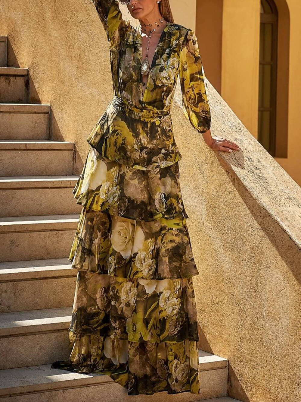 Elegant Floral Print Tiered Waist-Cinched Maxi Dress