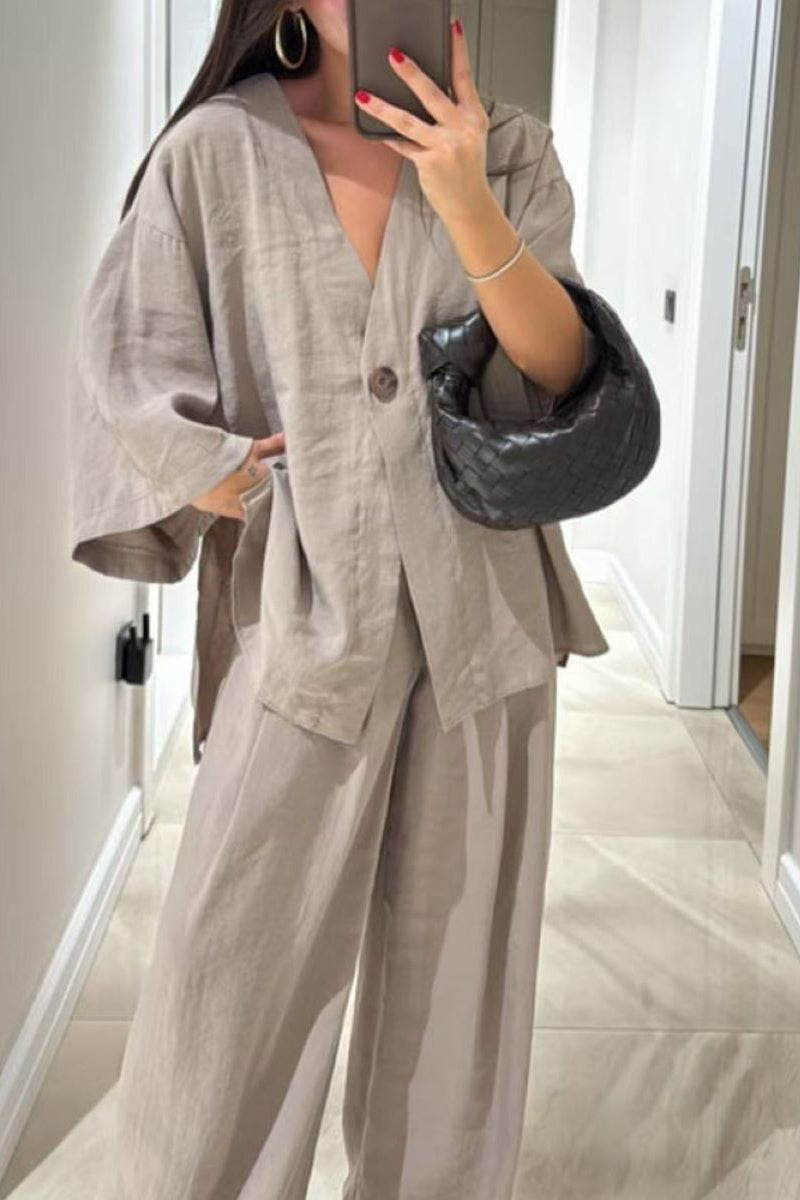 V-neck button cotton and linen casual suit