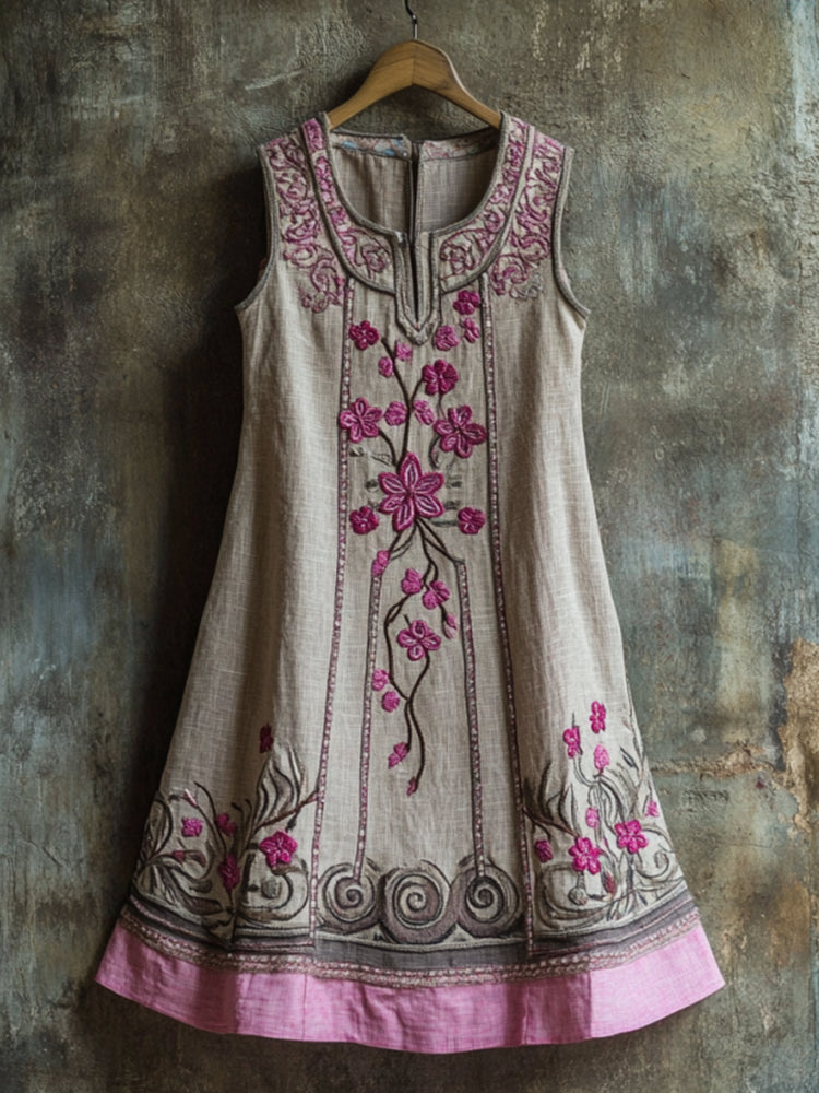 Vintage Celtic Knot With Cherry Blossoms Pattern Linen Tank Dress
