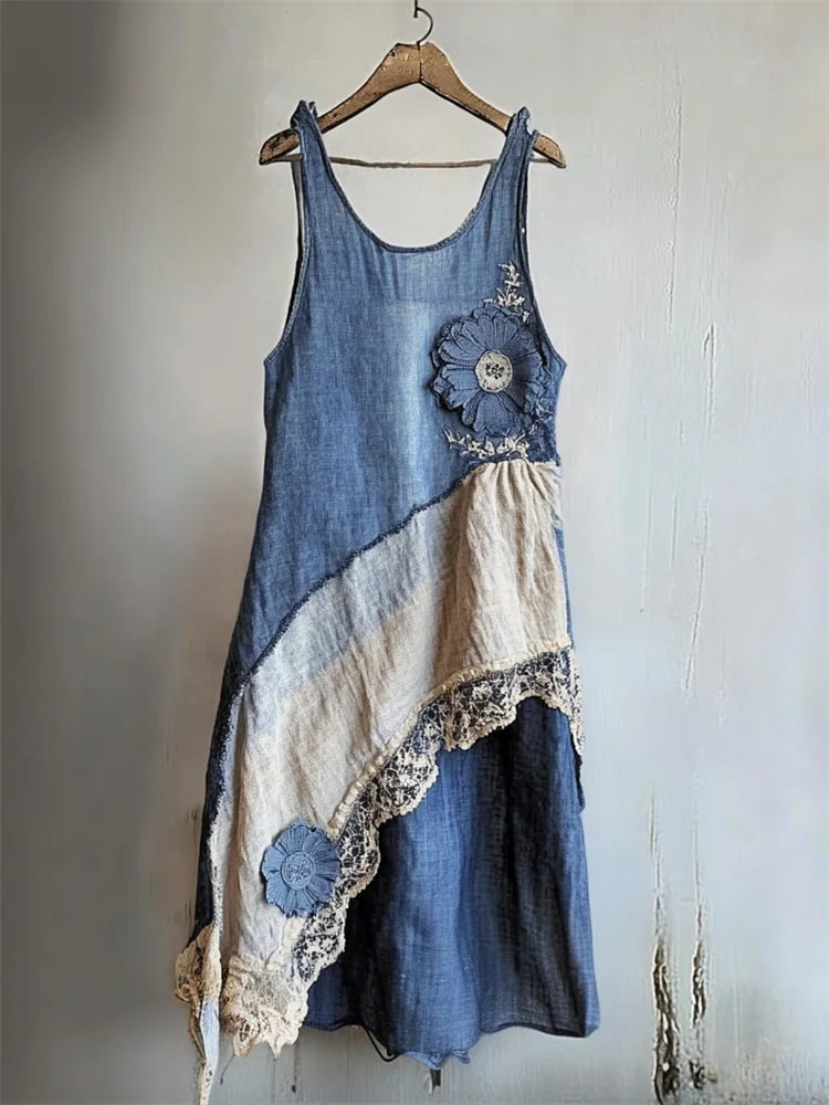 Flowers Denim Textile Lace Patchwork Tank Dress