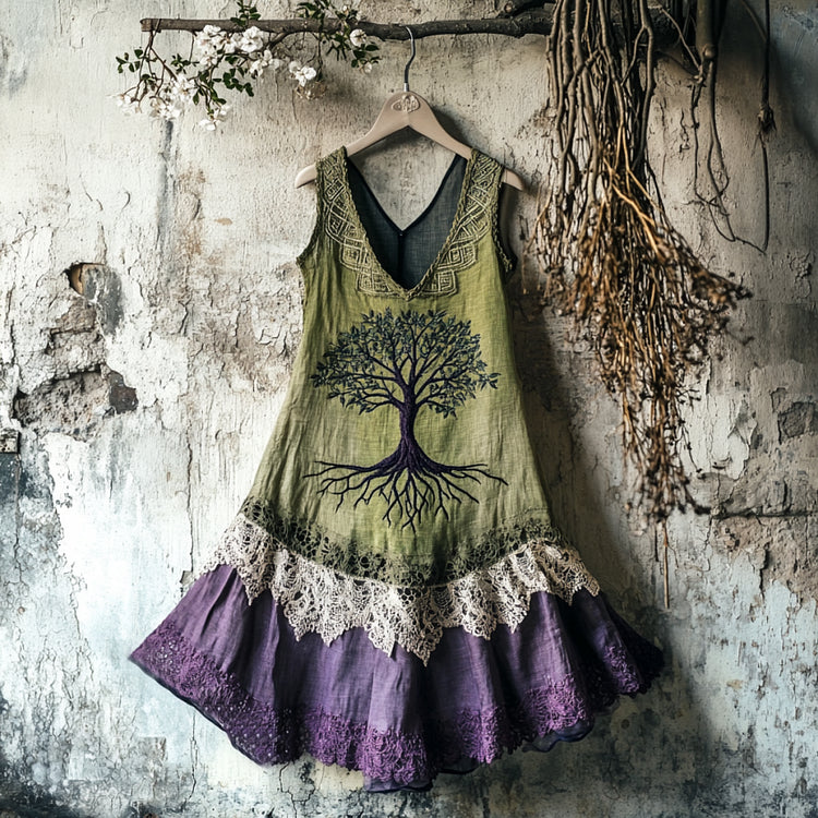 Viking Tribal Celtic Knot Life Of Tree Lace Patchwork Art Linen Tank Dress