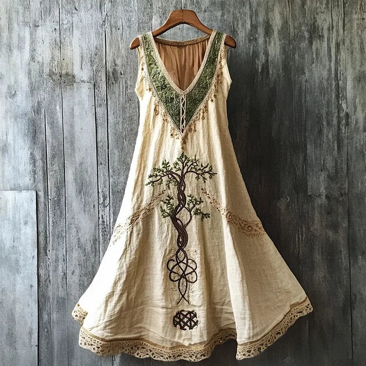 Vintage Viking Tree Of Life Embroidered V Neck Cozy Linen Dress