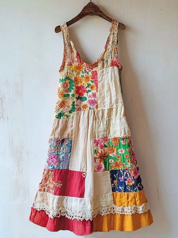 Boho Floral Pattern Patchwork Linen Blend Dress
