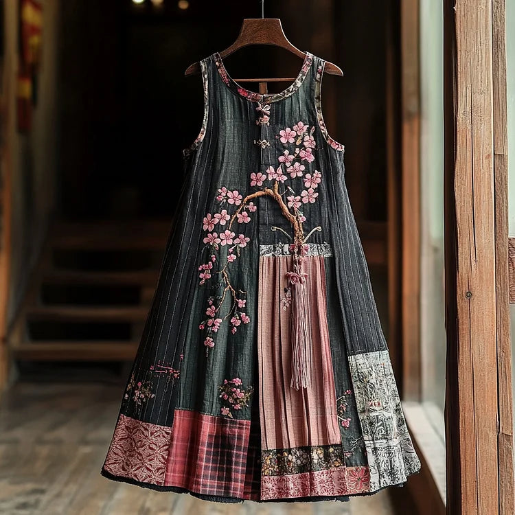 Women's Cherry Blossom Embroidery Patchwork Art Linen Tank Dress