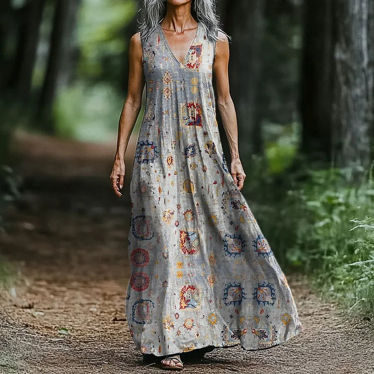 Women's Ethnic Tattoo Art Print Cotton Sleeveless Dress