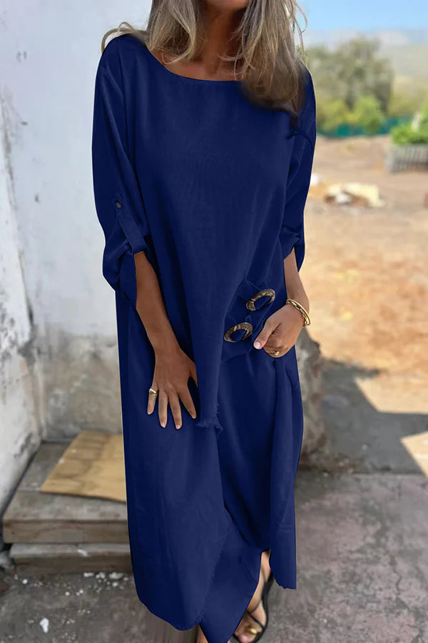 Linen Blend Ring Detail Midi Blouse and Elastic Waist Pocketed Loose Pants Set