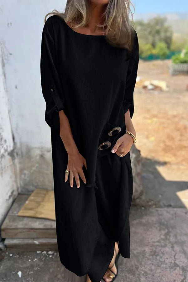 Linen Blend Ring Detail Midi Blouse and Elastic Waist Pocketed Loose Pants Set