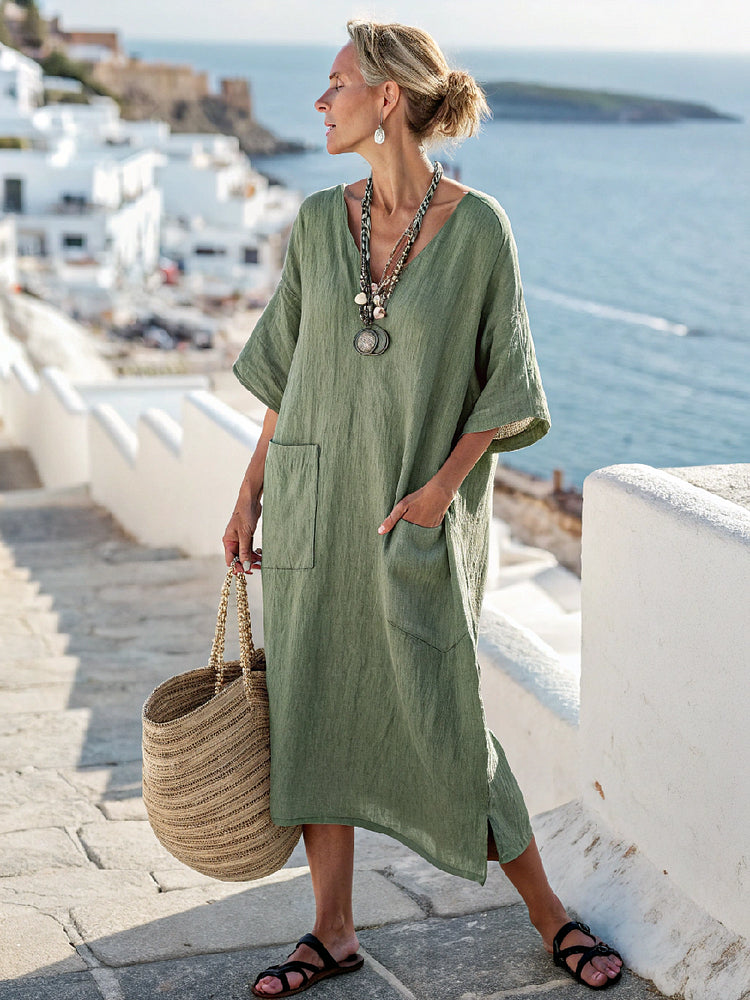 Linen Solid Color Loose Dress Green