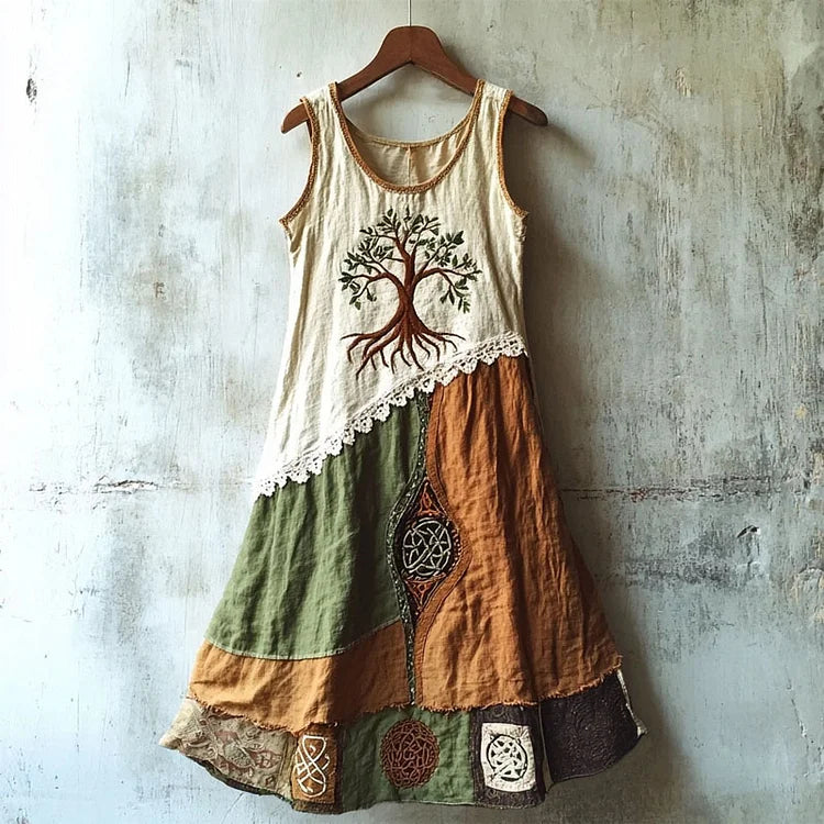Vintage Viking Tree Of Life Embroidered Patchwork Linen Tank Dress