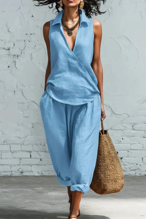Linen Blend Collared Sleeveless Loose-fitting Top and Elastic Waist Pocket Casual Pants Set