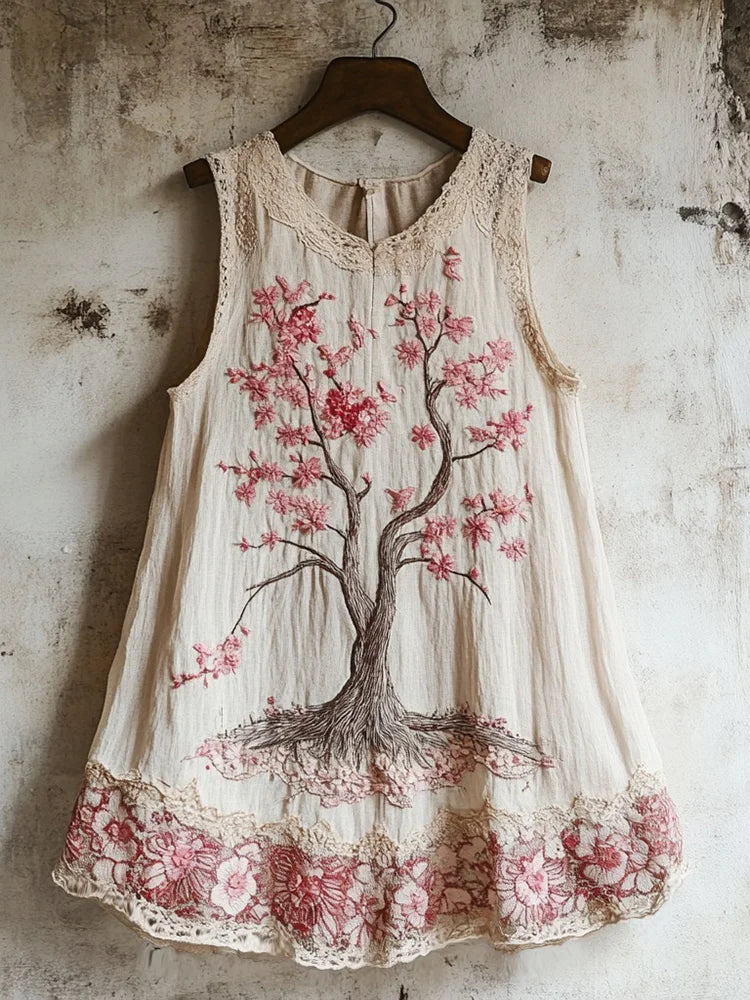 Women's Cherry Blossom Embroidery Lace Art Linen Tank