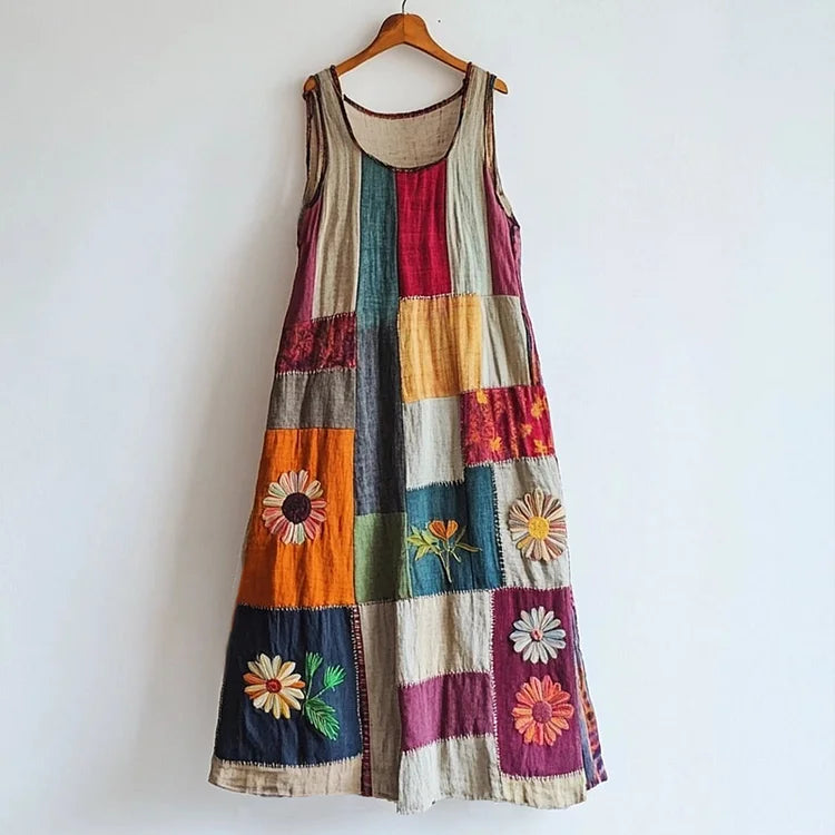Vintage Floral Embroidered Patchwork Linen Blend Dress