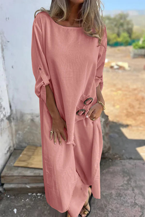 Linen Blend Ring Detail Midi Blouse and Elastic Waist Pocketed Loose Pants Set