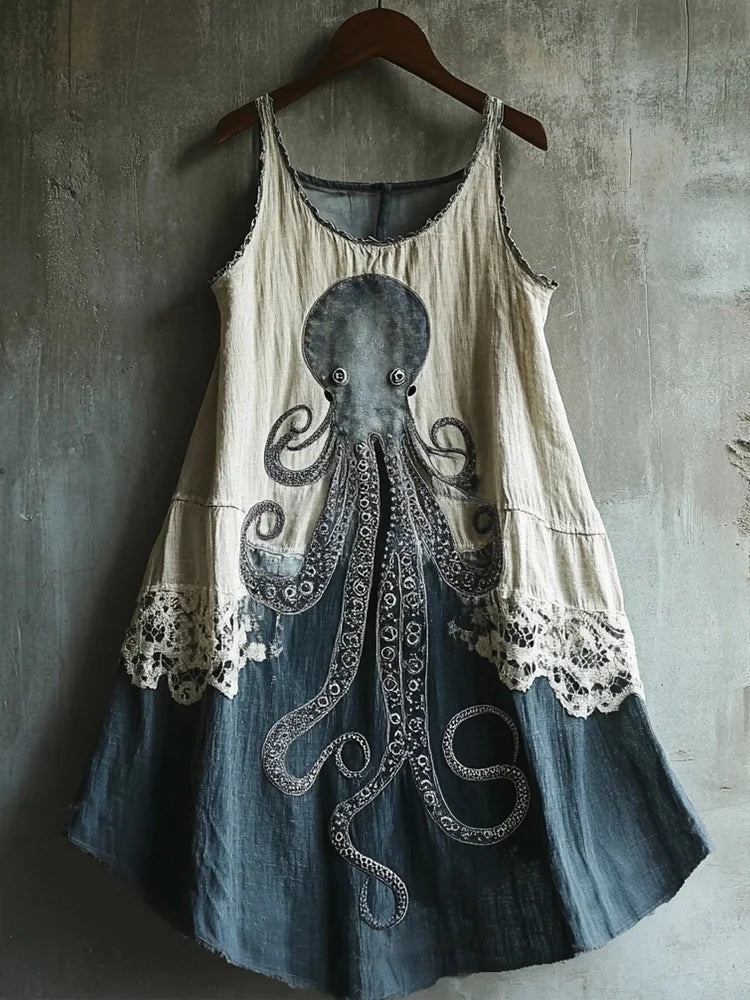 Octopus Pattern Lace Patchwork Linen Blend Dress