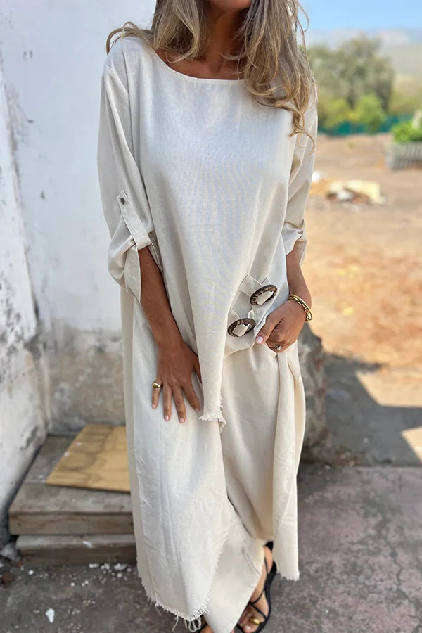 Linen Blend Ring Detail Midi Blouse and Elastic Waist Pocketed Loose Pants Set
