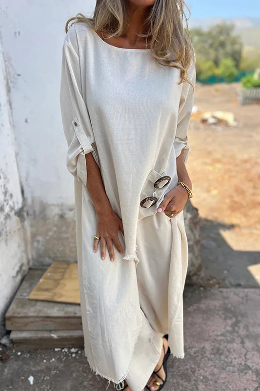 Linen Blend Ring Detail Midi Blouse and Elastic Waist Pocketed Loose Pants Set