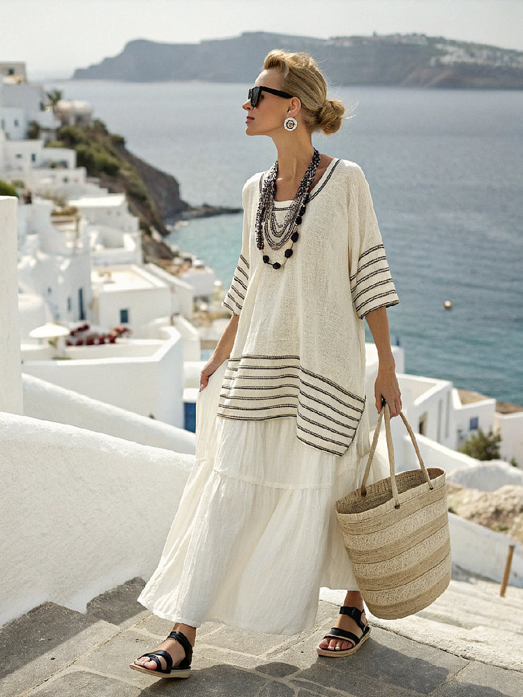 Linen Solid Color Loose Dress Ivry Strp