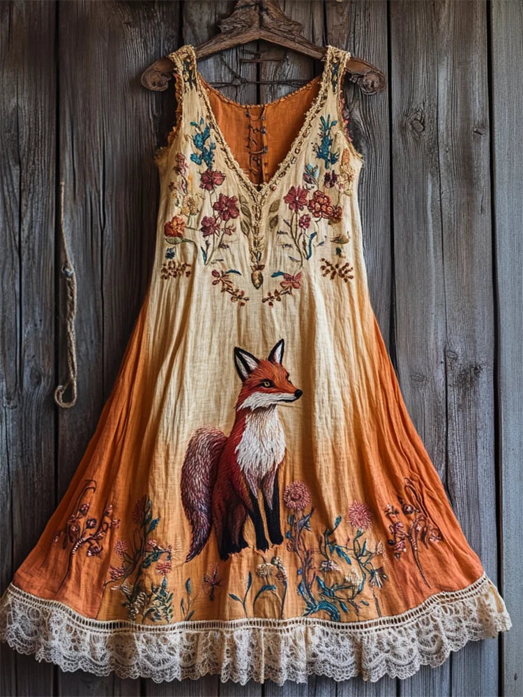 Vintage Fox Floral Embroidered Lace Hem Gradient Linen Dress