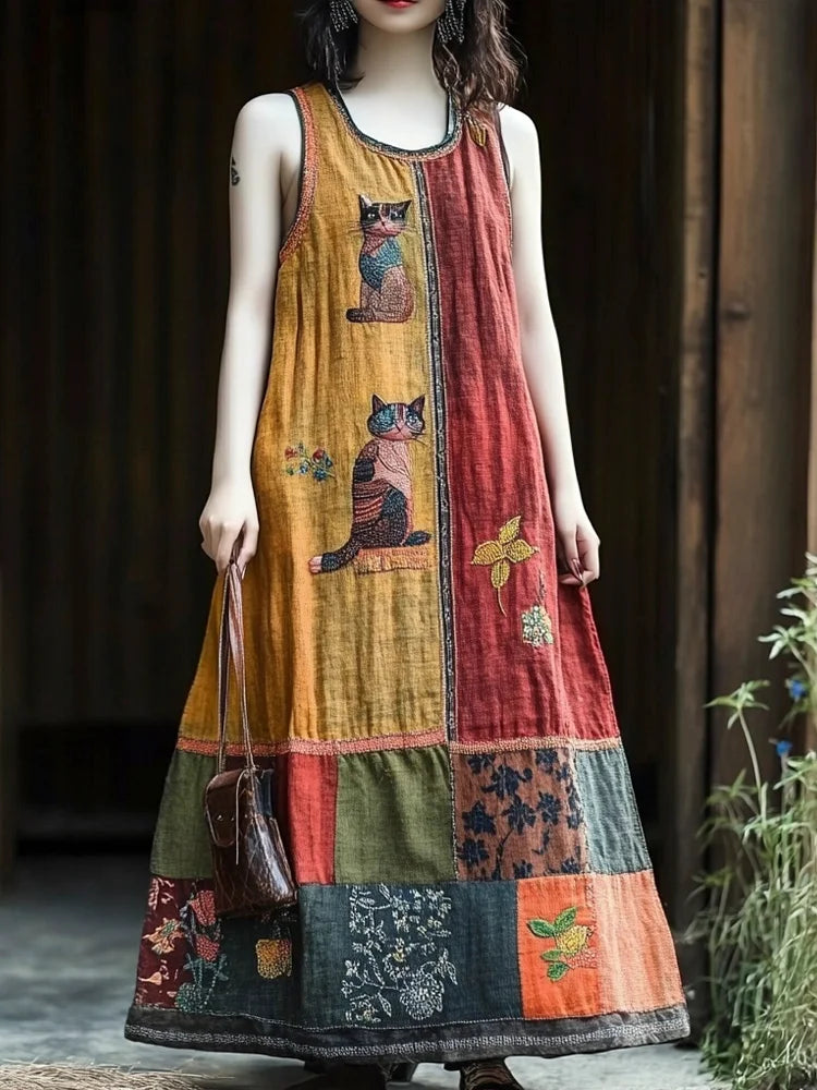 Vintage Floral & Cat Patchwork Linen Vest Long Dress