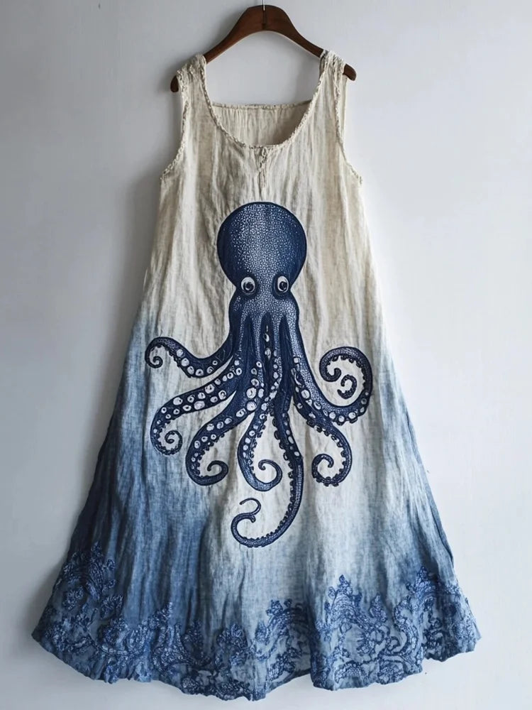 Octopus Pattern Linen Blend Contrast Color Dress