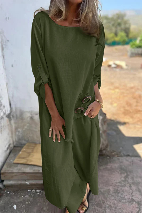 Linen Blend Ring Detail Midi Blouse and Elastic Waist Pocketed Loose Pants Set