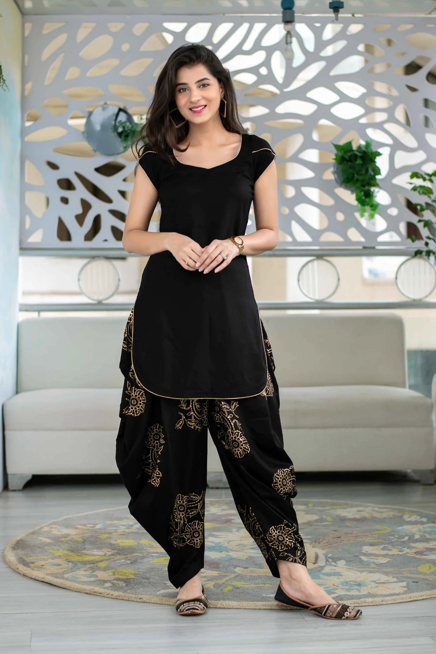 Women's Black Rayon Block Print Kurta Set