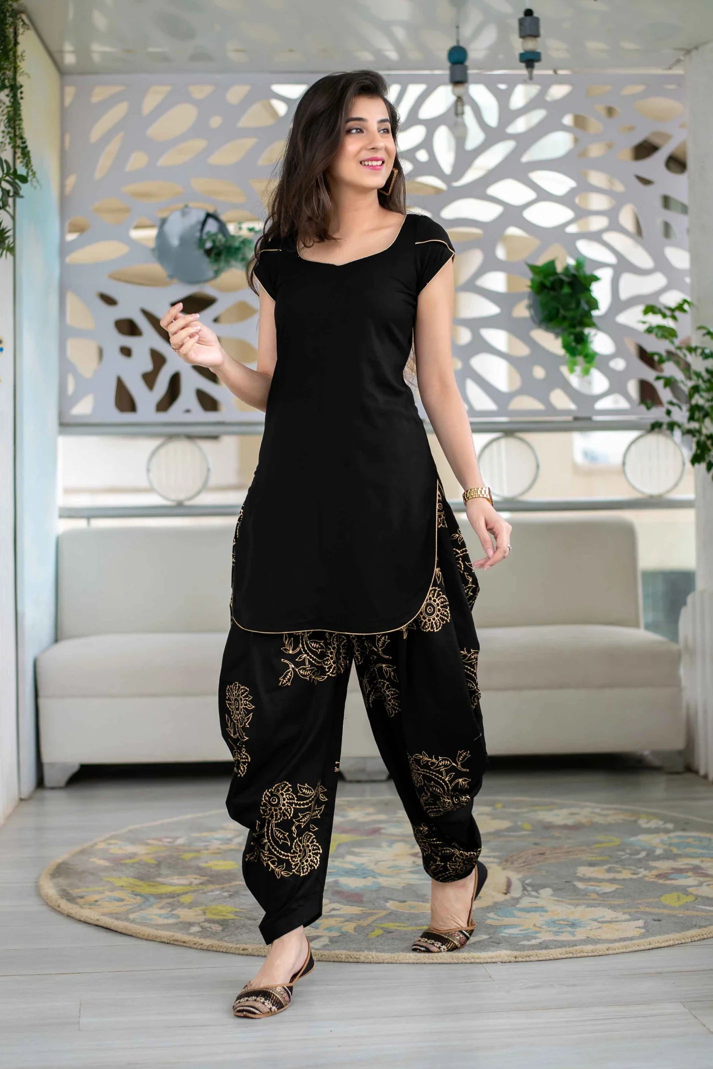 Women's Black Rayon Block Print Kurta Set