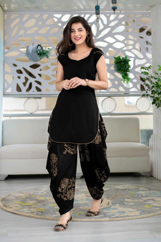 Women's Black Rayon Block Print Kurta Set