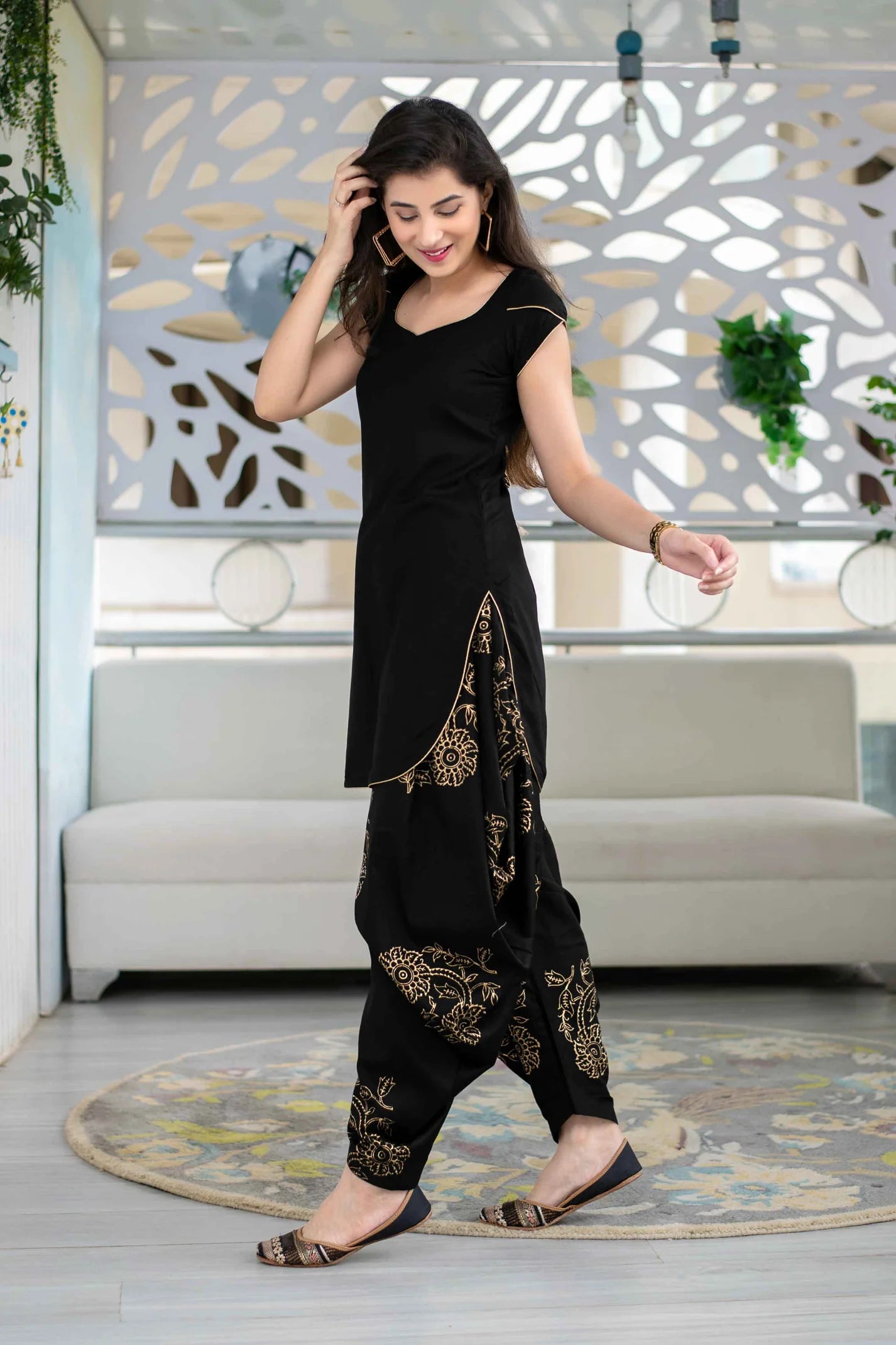 Women's Black Rayon Block Print Kurta Set