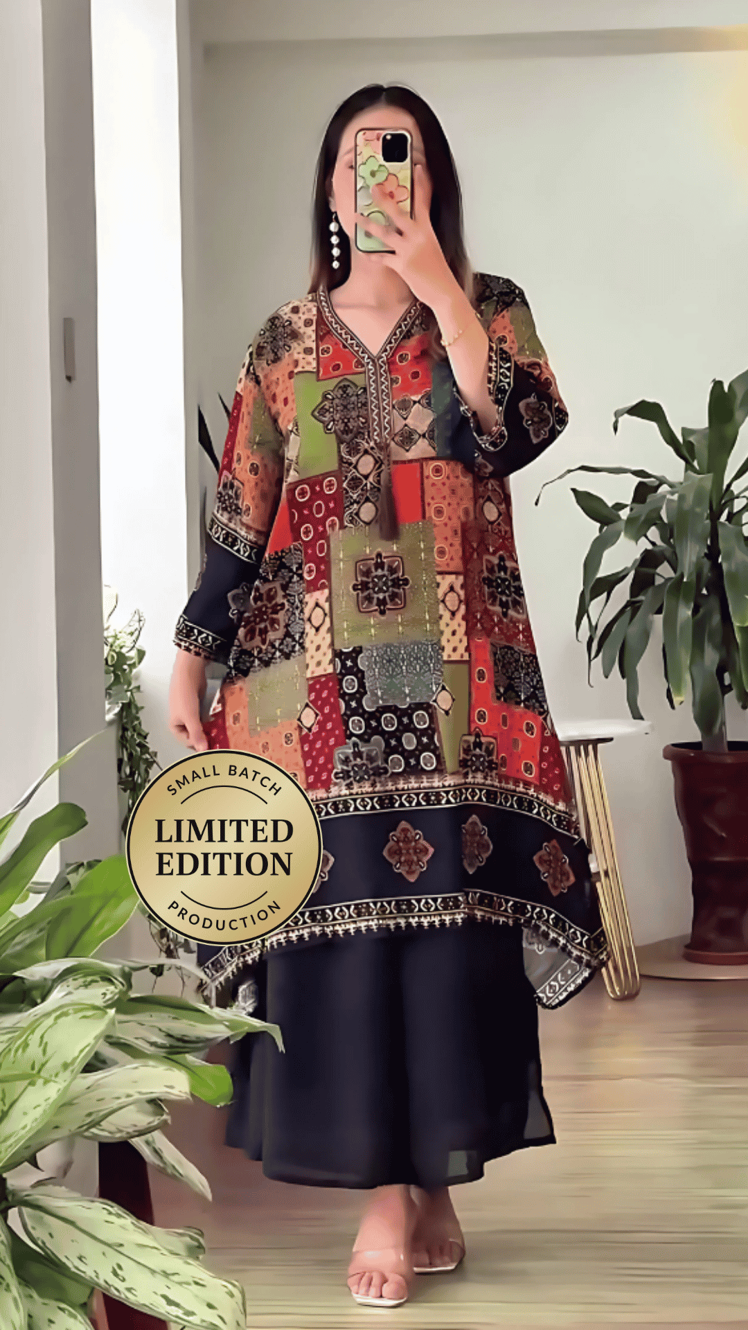 Stunning  Long Patch Work Printed Kurti Pallazo Set