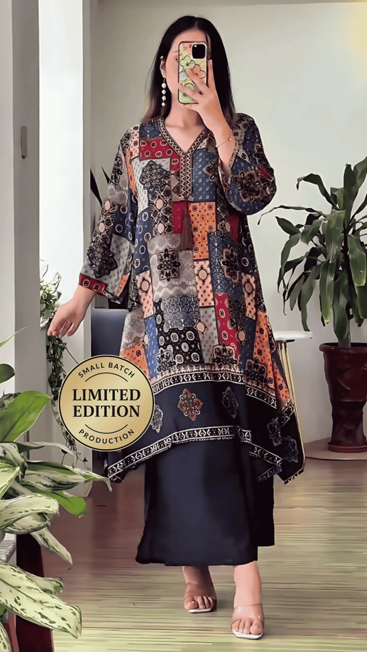 Stunning  Long Patch Work Printed Kurti Pallazo Set