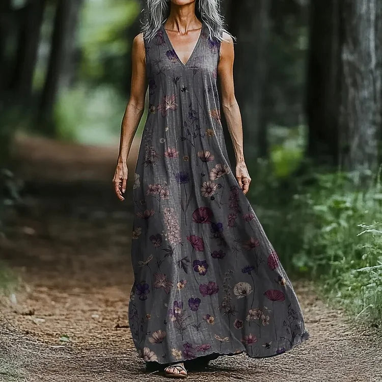 Women's Art Floral Vintage Print V Neck Tank Dress