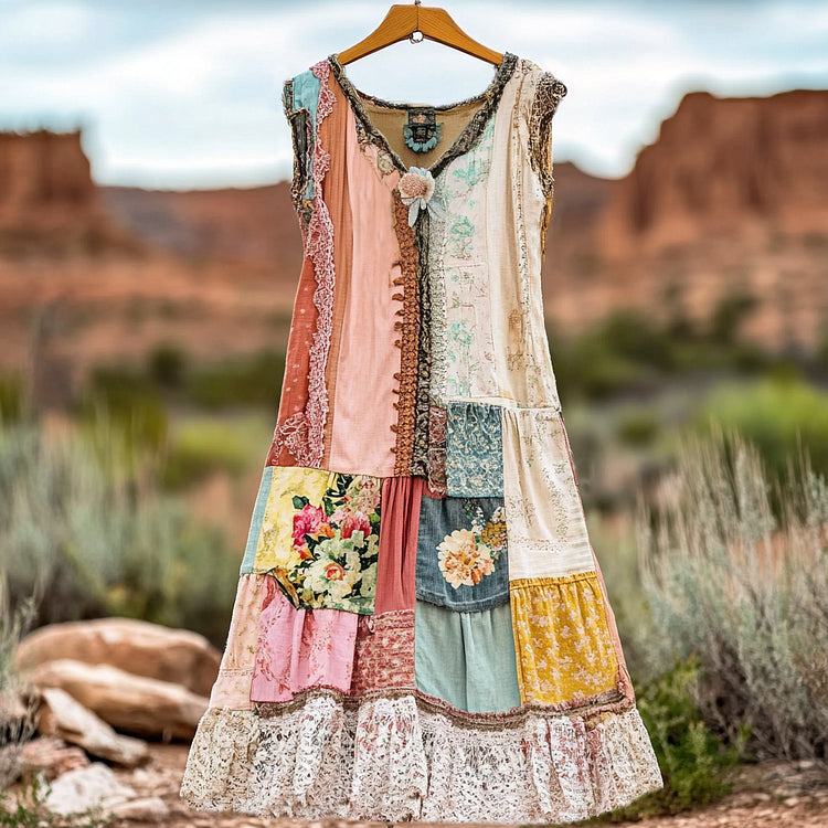 Women's Vintage Floral Lace Patch Comfort Dress