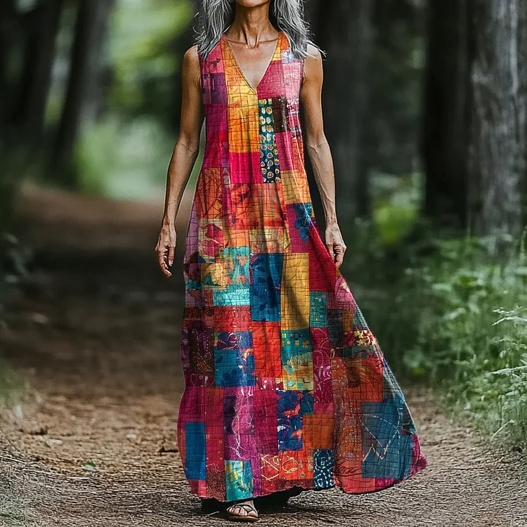 Women's Art Painting Colorful Patchwork Print V Neck Tank Dress