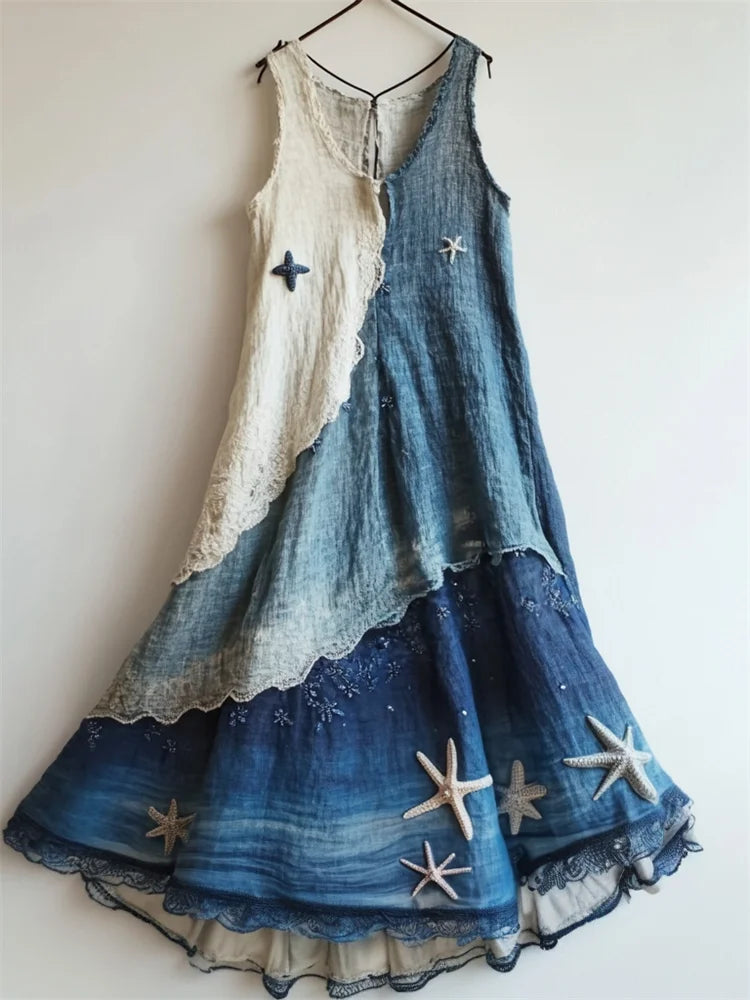 Starfish Embroidered Sea Waves Gradient Lace Flowy Linen Dress