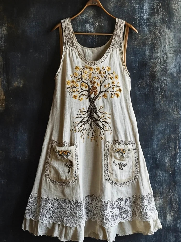 Viking Tree Of Life Lace Embroidered Women's Tank Dress With Pockets